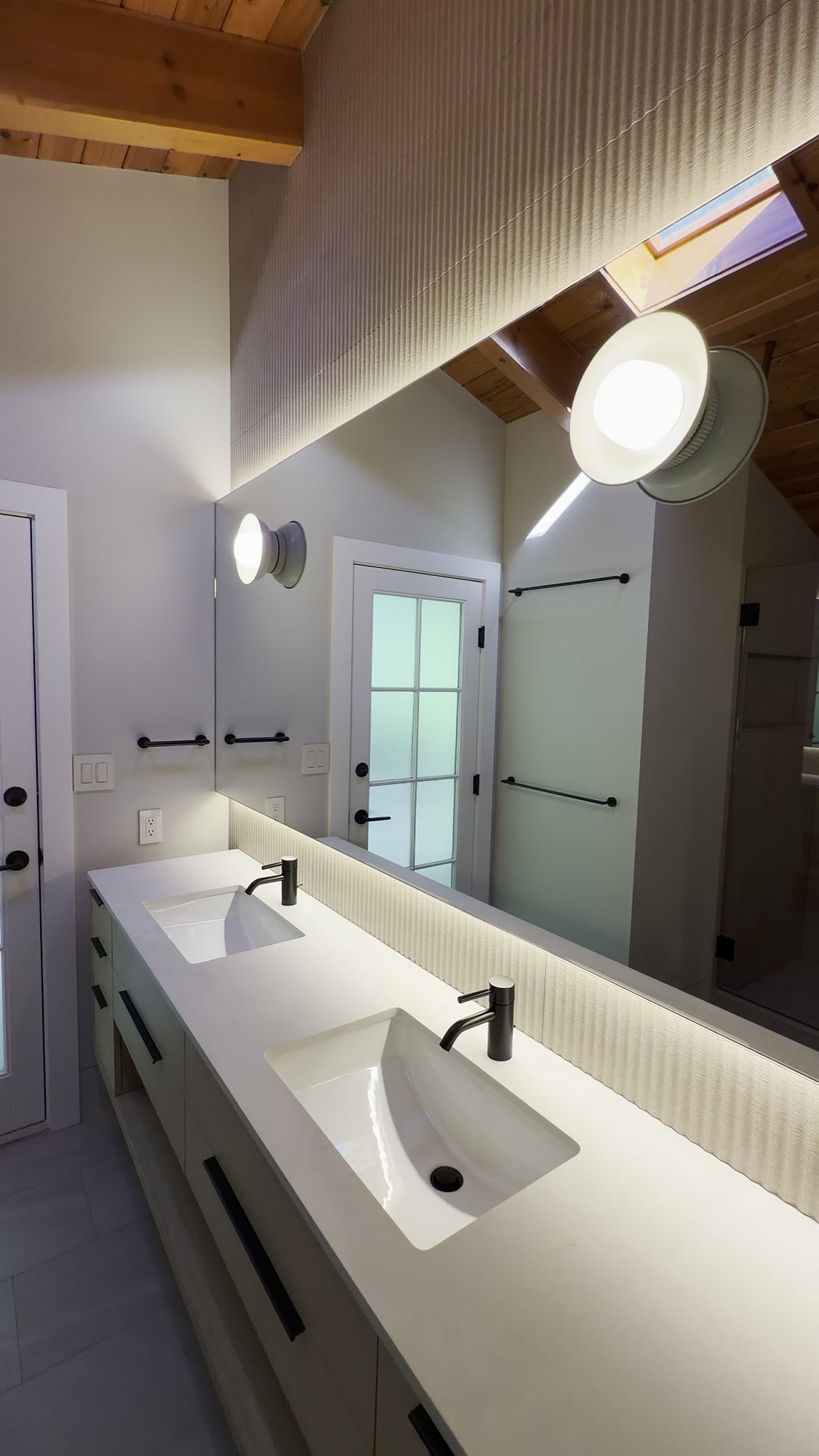 Painting Division, Atherton residence bathroom double vanity under wood ceiling