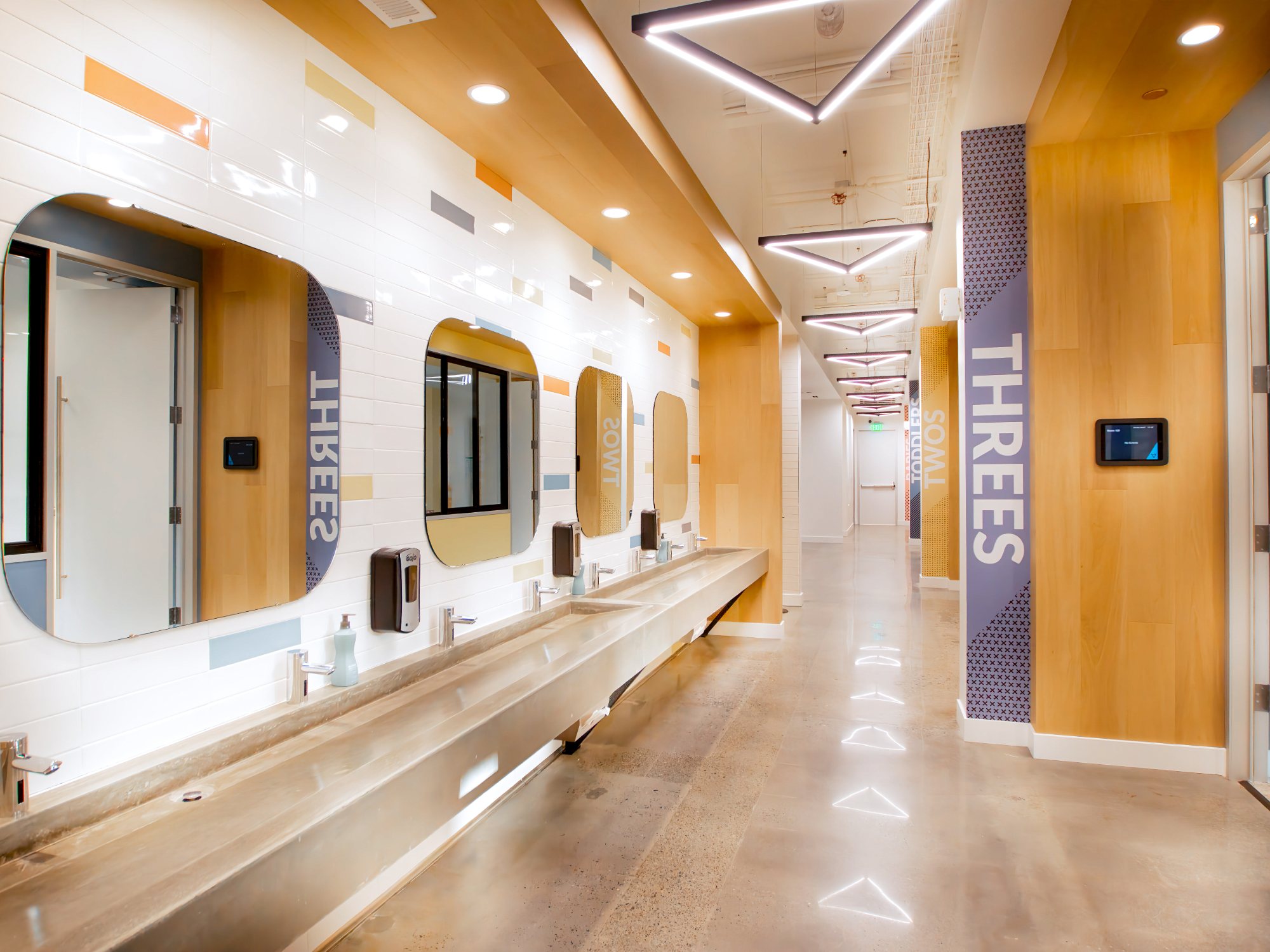 Venture Christian Church Kids Area, hallway with wood wall panels