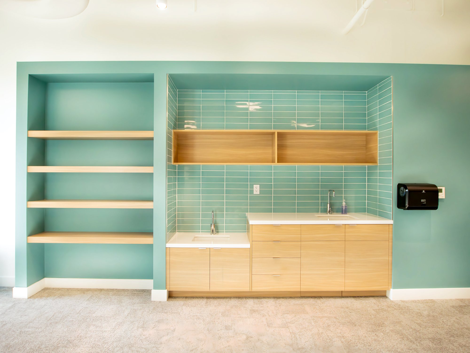 Venture Christian Church Kids Area, classroom with teal built-ins