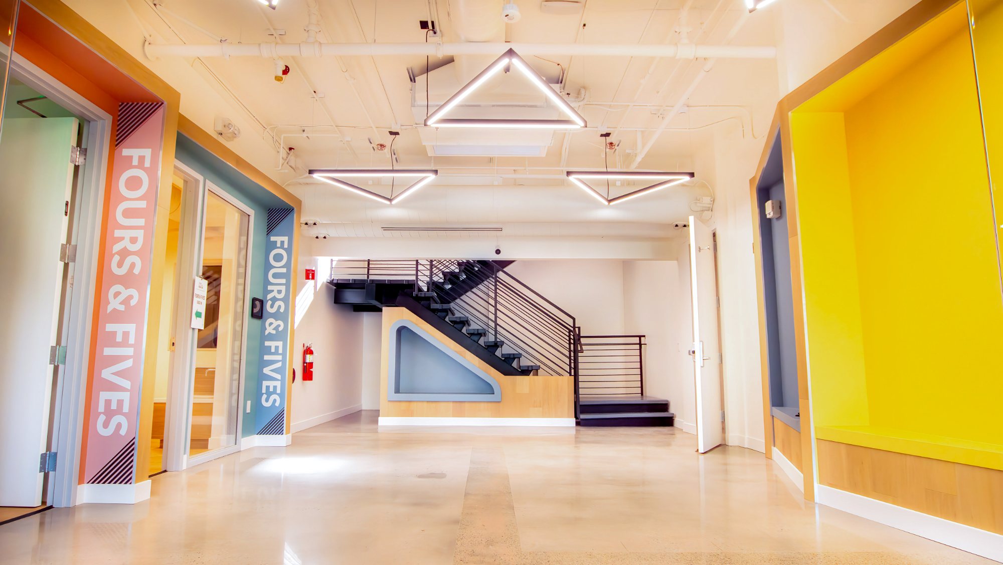 Venture Christian Church Kids Area, stair and colorful accent walls